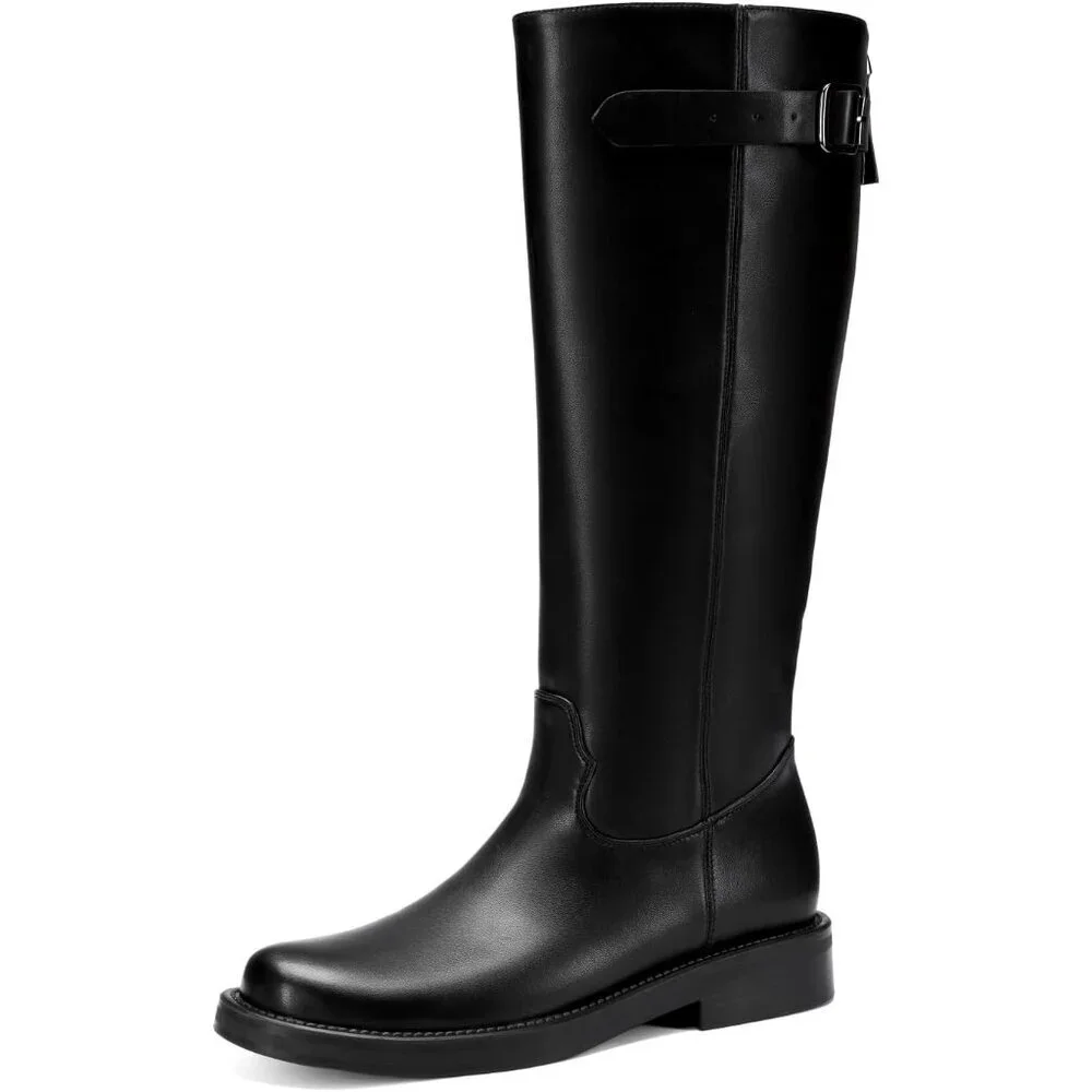 Women's Black Chunky Square Toe Tall Boots Low Heel Zipper Knee High Boots